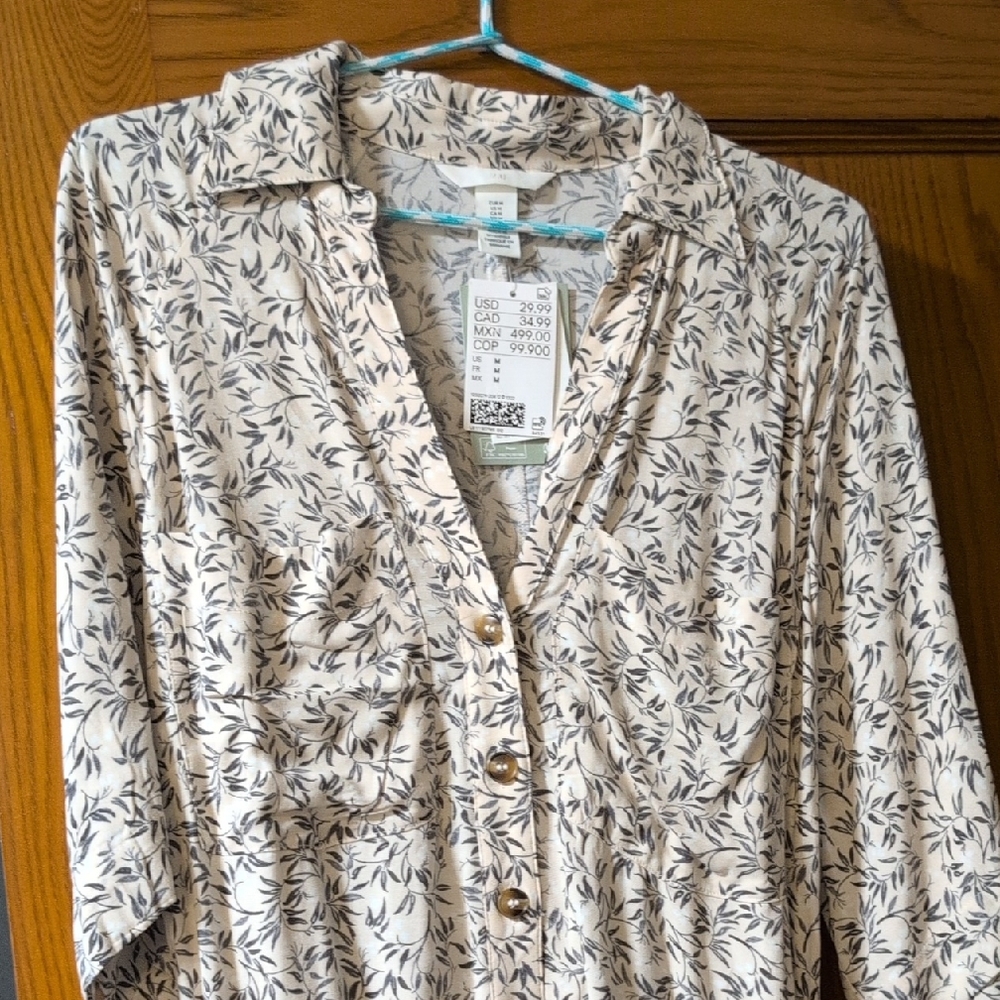 H&M Cream and Black Leaf Print Women's Midi Dress